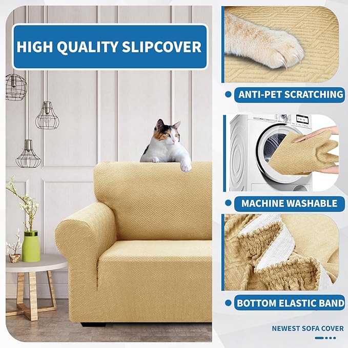 XINEAGE 2026 New 1 Piece Couch Covers for 3 Cushion Couch (79"-91") Stretch Sofa Cover Slipcover Pet Friendly Soft Washable Furniture Protector with Elastic Bottom for Kids,Dog (Sofa, Beige)