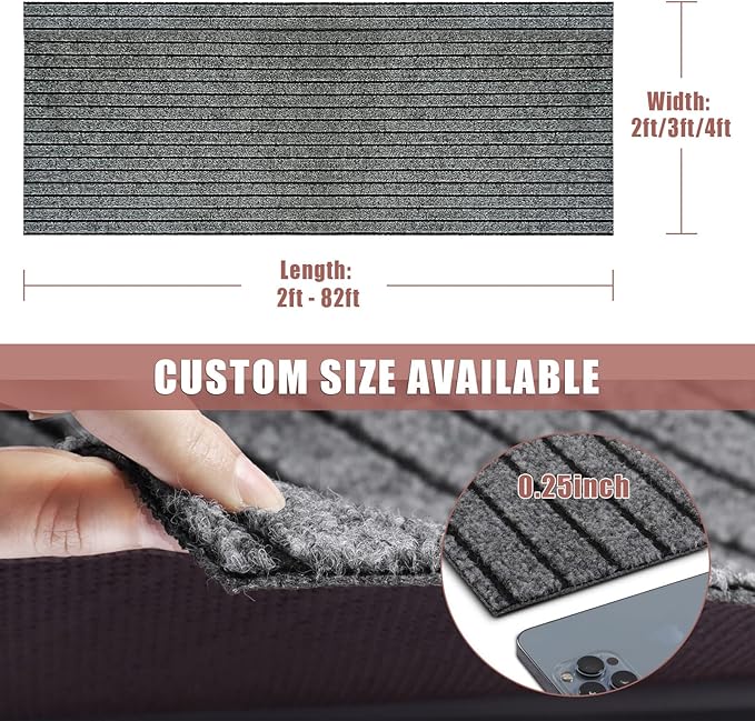 Runner Rug 3 ft x 65 ft Indoor/Outdoor Low Profile, Hallway, Kitchen, Patio, Deck Area, RV, Entryway, Garage, with Non-Slip Rubber Backing, Gray with Black Stripe, Custom