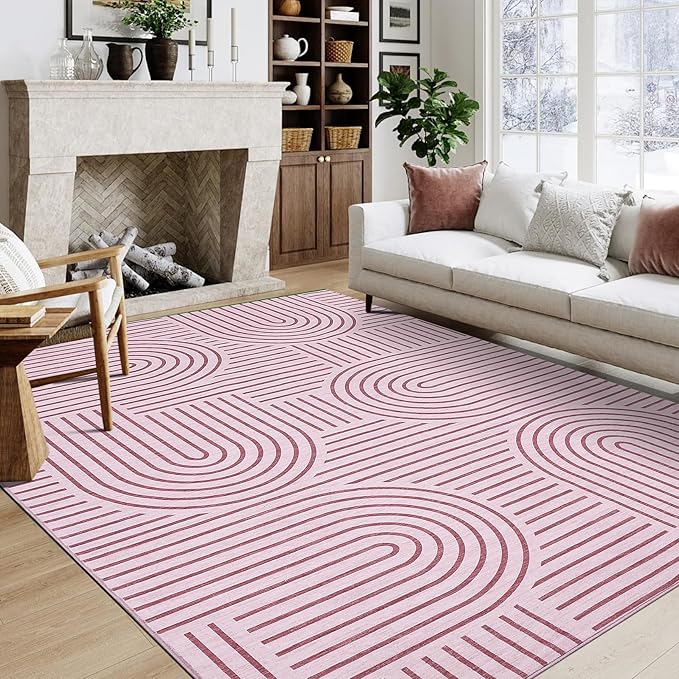 ROYHOME Washable Rug 8x10 Area Rugs for Living Room, Abstract Rug for Bedroom, Soft Rainbow Non Slip Throw Rugs with Rubber Back, Low Pile Stain Resistant Boho Geometric Carpet for Dining Room, Pink