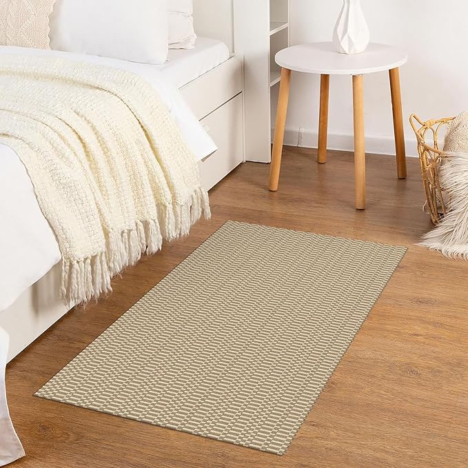 KOZYFLY Washable Area Rug 2x3 Ft Small Entryway Rug Indoor Door Mat Throw Rugs with Rubber Backing, Braided Cotton Floor Carpet for Front Entrance Bathroom Kitchen Foyer, Sand/Ivory