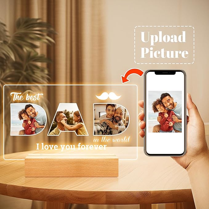 Personalized Gifts for Dad, Custom Picture Frames with Photo, Personalized Photo Frame with Night Light, Customized Birthday Gifts for Dad