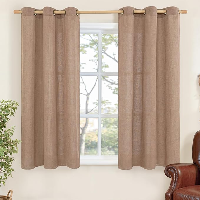 YoungsTex Mocha Brown Linen Curtains 48 Inch Length, Short Semi Sheer Drapes with Grommet Light Filtering for Bedroom Living Room Window, 2 Panels, 42 X 48 Inch