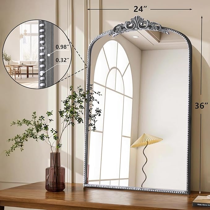 Micasso Vintage Traditional Silver Mirror: 36"x24" French Baroque Antique Mirror - Ornate Decorative Arched Mirrors for Wall/Bathroom/Entryway/Fireplace/Hallway - Home Decor for Living Room