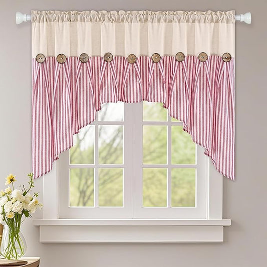 ASPMIZ Farmhouse Cotton Linen Swag Valances for Windows, Boho Rustic Kitchen Curtains Valances with Buttons, Red Striped Window Treatments Curtain Valance for Bathroom Cafe, 61 x 36 Inch, 1 Panel
