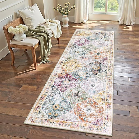 Ileading Washable Hallway Runner Rugs, 2x6 Non Slip Runners Area Rug for Entryway Kitchen Bathroom Bedroom Laundry Living Room, Long Narrow Low-Pile Floor Carpet Boho Vintage Throw Mat for Kids Room