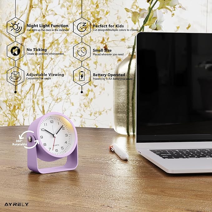 AYRELY?? 3.5 Inch Small Analog Alarm Clocks,Battery Operated Desk Clock,Cute Table Clock with Light???Adjustable Angle for Travel,Bedside,Bedroom,Kids,Living Room Decor (Purple)
