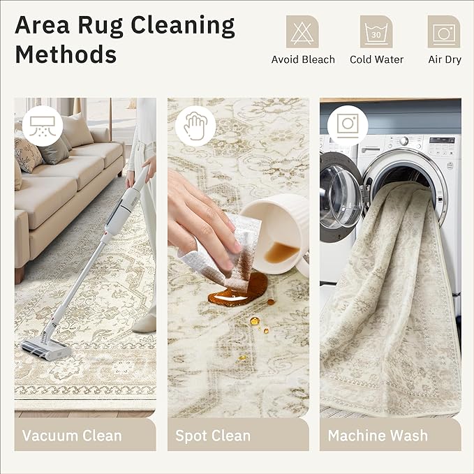 Soalmost 3x5 Rug, Small Area Rug for Kitchen, Entryway, Machine Washable Non-Slip Throw Rug, Vintage Carpet for Nursery Coffee Table Beige/Brown