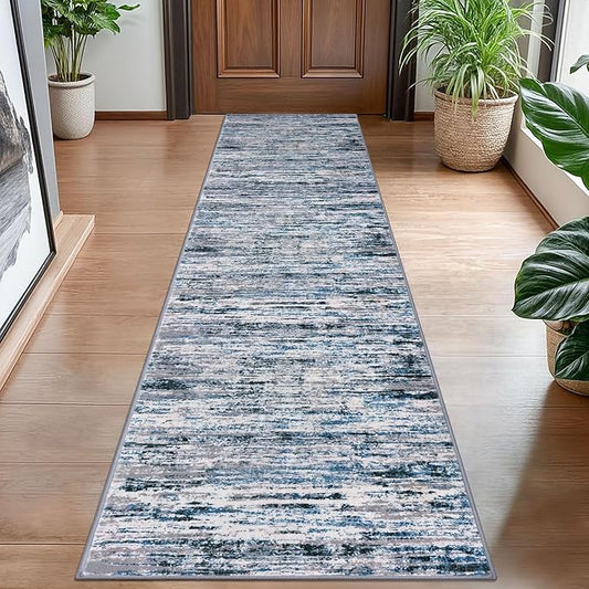 Lansny Modern Abstract Hallway Runner Rug, Grey Blue White Washable Kitchen Runner Non-Slip Soft 2x8 Runner Rug Thin Print Faux Wool Carpet for Entryway Bedroom Laundry Room Indoor Home Decor