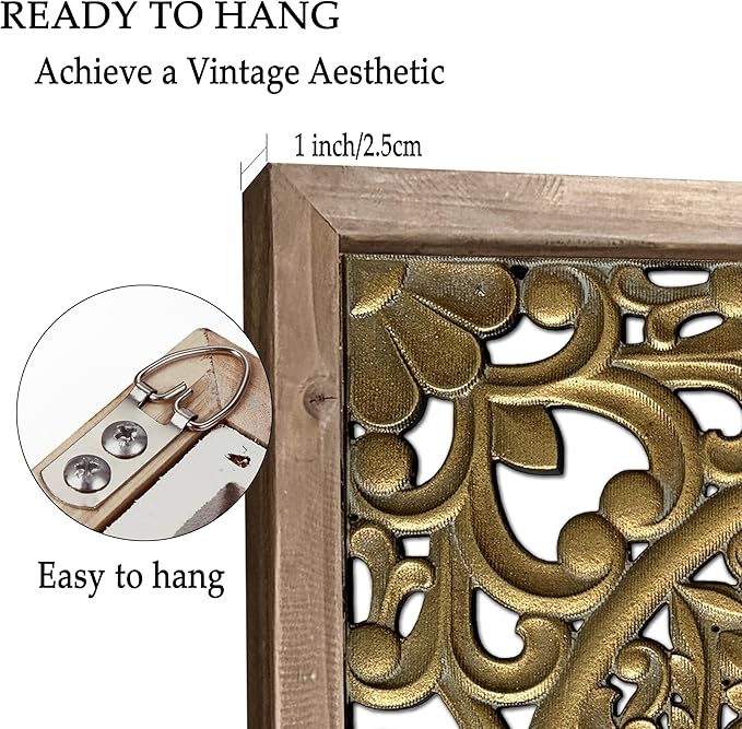 XIAOAIKA Boho Carved Wood Wall Sculpture, Intricate Floral Mandala Design with Distressed Gold Finish, Vintage Farmhouse Wall Art Panel with Solid Wood Frame for Bedroom Entryway (22.5" x 22.5")