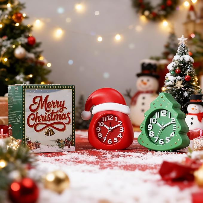 AYRELY?? Christmas Alarm Clock Gift Set ?€? 2 Silent Analog Clocks (Santa Hat & Christmas Tree), Ready-to-Gift Holiday Edition for Kids & Family, with Festive Gift Box