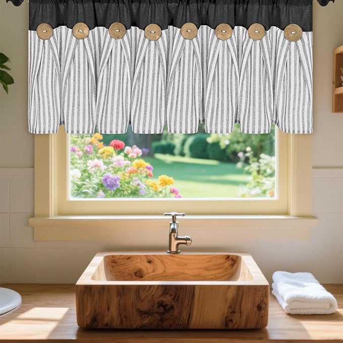 ASPMIZ Cotton Linen Kitchen Valance Curtains, Boho Rustic Button Linen Valances for Windows Farmhouse, Black with Grey Stripe Valance Window Topper Treatment Window Valances for Bathroom, 52 x 18 Inch