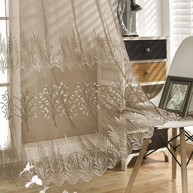DONREN Tree Branch Embroidery Taupe Sheer Curtains for Bedroom - Luxury Embroidery Sheer Curtain Panels for Living Room (W 52 x L 84 Inch,2 Panels)