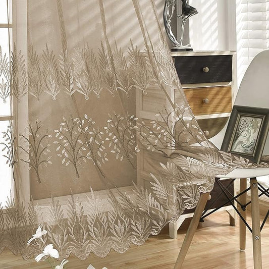 DONREN Tree Branch Embroidery Taupe Sheer Curtains for Bedroom - Luxury Embroidery Sheer Curtain Panels for Living Room (W 52 x L 84 Inch,2 Panels)