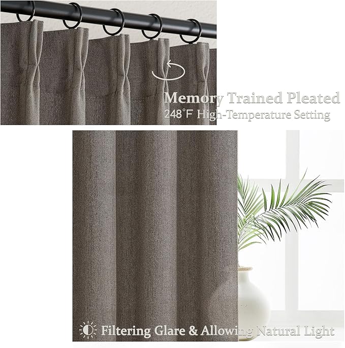 Pleated Chocolate Tart Natural Linen Curtains 96 Inches Long for Sliding Glass Doors, Memory Trained Semi Sheer Drapes Light Filtering Privacy 8FT Length Rustic Windows Curtain 2 Panels Set Back Tab