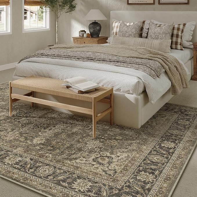 6x9 Washable Area Rug Brown Vintage Non Slip Soft Low Pile Rug for Living Room Bedroom Dining Room Office Distressed Oriental Indoor Throw Carpet for Home Decor