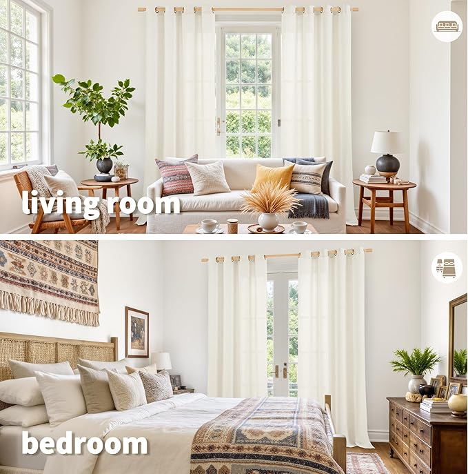 YoungsTex Ivory Linen Curtains 102 Inch Length for Living Room Window, Light Filtering Drapes Rustic Semi Sheer with Bronze Grommet Privacy for Bedroom Farmhouse Decorative, 52 x 102 Inch, 2 Panels