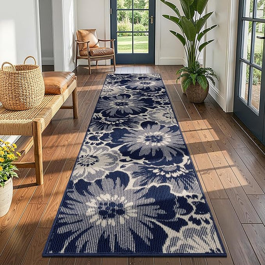Findosom Hallway Runner Rug 2x8, Non Slip High-Low Textured Floral Washable Runner Rug with Rubber Backing, Boho Carpet Runner for Kitchen, Entryway, Bedroom, Laundry, Navy