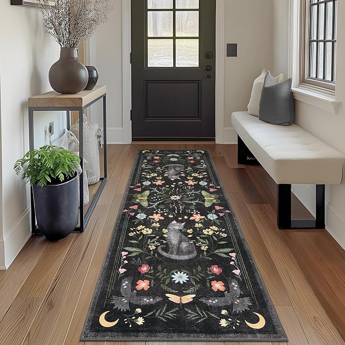 GarveeHome 2.5x8 Cat Washable Runner Rug for Hallway, Soft Black Long Kitchen Runner Non Slip Mushroom Insect Entryway Rug Floral Laundry Mat Stain Resistant Carpet for Bathroom Beside Rug