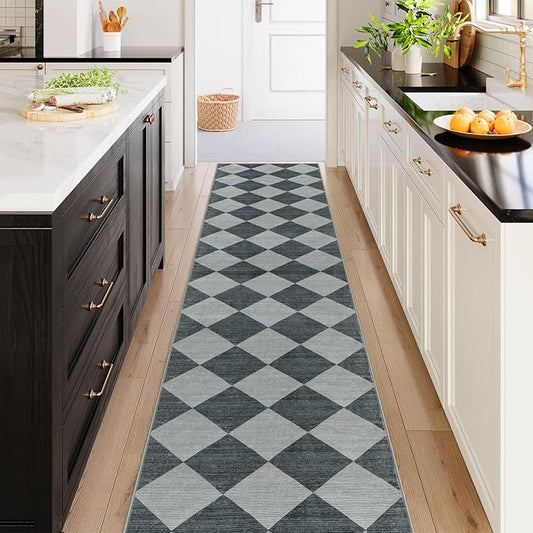Beeiva Checkered Rug Runner for Hallways 2.5x12, Kitchen Runner Rugs Non Skid Washable Ultra Thin, Moroccan Extra Long Carpet for Bathroom Decor, Modern Plaid Carpet for Kitchen (Blue/Grey)