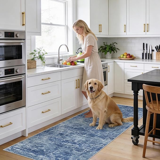 3x6 Washable Kitchen Runner Rug - Modern Abstract Neutral Carpet with Non-Slip Backing Low-Pile Stain-Resistant Thin Runners for Hallway Bathroom Bedroom Entryway (3x6, Blue)