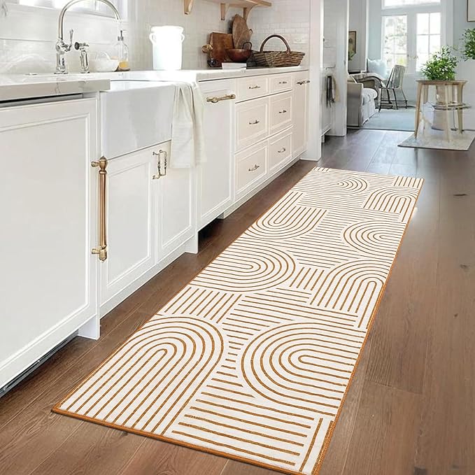 ROYHOME Modern Rug 2.5x10 Runners for Hallways, Abstract Kitchen Runner Rugs Non Slip Bath Runner, Rainbow Washable Rug for Bedroom, Soft Long Rugs for Entryway Bathroom Laundry Dorm, Orange