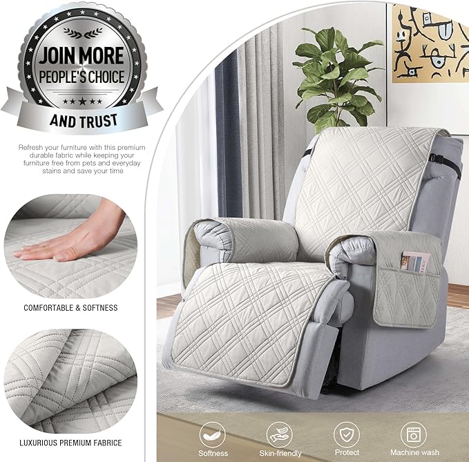 TAOCOCO Waterproof Recliner Cover, Oversized Recliner Covers for Large Chair with Pocket, Recliner Chair Covers with Double Straps Furniture Protector for Kids Pets (30'', Off White)