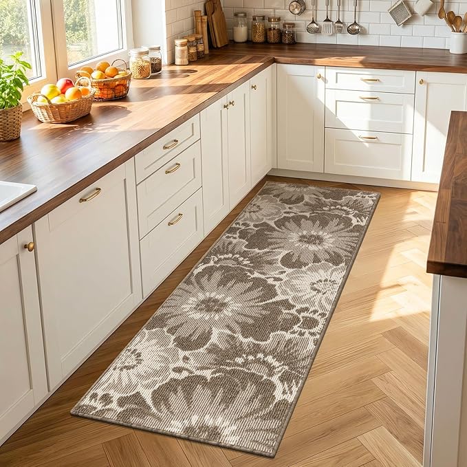 Findosom Hallway Runner Rug 2x8, Non Slip High-Low Textured Floral Washable Runner Rug with Rubber Backing, Boho Carpet Runner for Kitchen, Entryway, Bedroom, Laundry, Brown