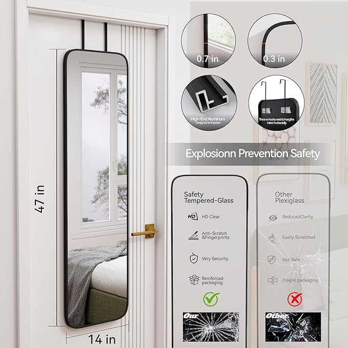 SCWF-GZ 47x14 Mirror Rectangle Full Body Length Door Hanging Wall Mounted Metal Aluminum Alloy Frame Dressing Make-up Mirrors for Entryway Bedroom Bathroom Living Room 47 14 inch Black