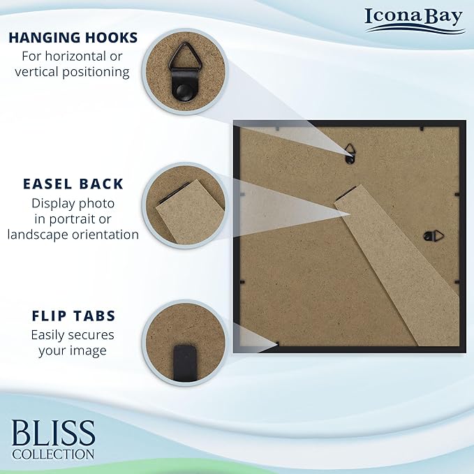 Icona Bay - 12x12 Black Picture Frame with Removable Mat to 8x8 Photo - Modern Style Engineered Wood Poster Frame - Wall Mount Only - Bliss Collection