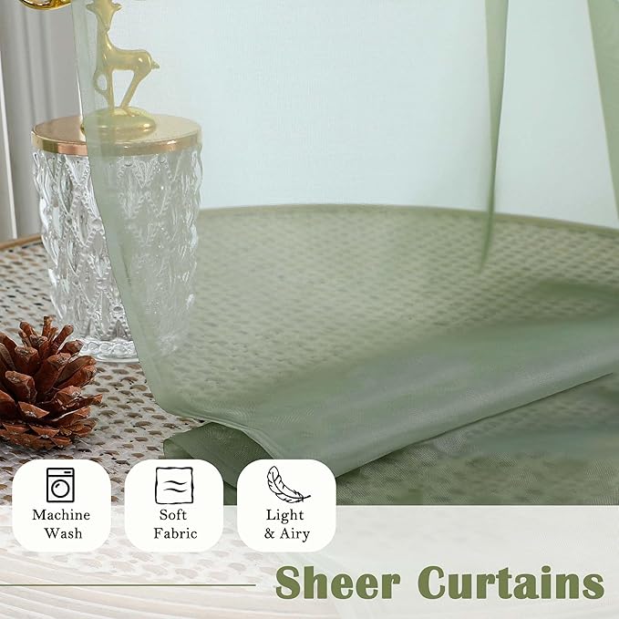 Lecloud Sage Green Sheer Curtains 63 Inch Length 2 Pcs, Dual Rod Pockets Light Filtering Window Curtains for Bedroom, Farmhouse Voile Solid Drapes for Living Room Bathroom, Each Panel 59" W x 63" L