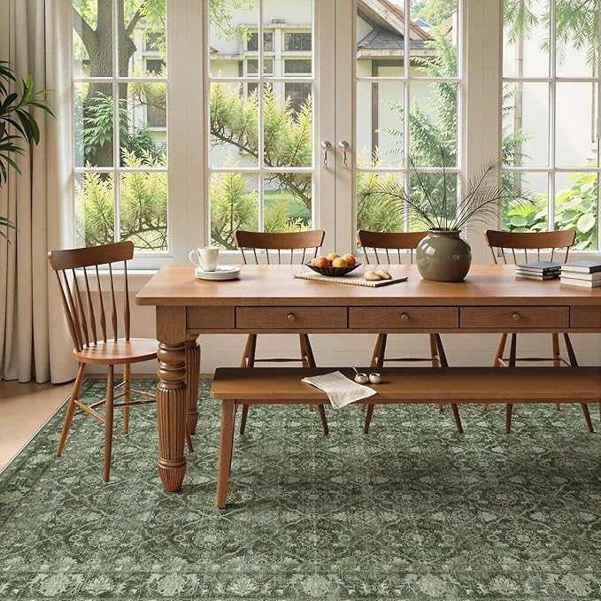 Hedlive Green Washable Area Rugs 8x10 for Living Room, Vintage Moroccan Bedroom Rug Non Slip with Ruber Backing, Stain Resistant Large Carpet for Dining Office Home Apartment (Olive 8x10 Ft)