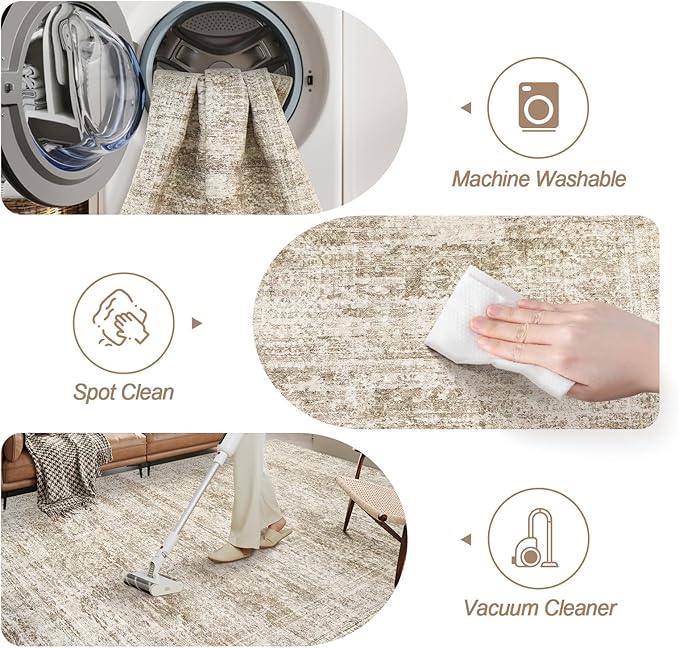 Soalmost Washable Area Rug 8x10, Large Soft Rugs for Living Room Vintage Area Rugs for Bedroom Dining Room Non-Slip Stain Resistant Brown Under Table Rug
