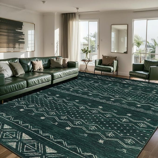 SERISSA 8x10 Area Rugs for Living Room, Washable Non-Slip Dark Green Boho Rug, Soft Low-Pile Geometric Indoor Large Carpet for Dining Room Bedroom Home Office Playroom