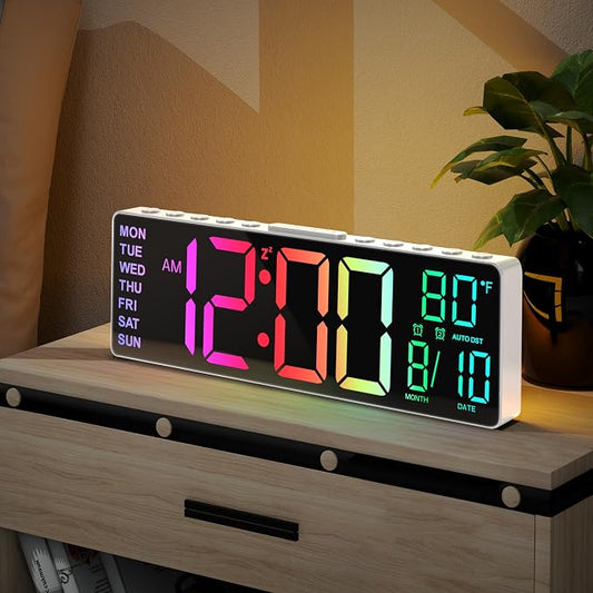 JALL 10.5'' Large Digital Alarm Clock with Big LED Number, Remote Control, RGB Colors,Timer, Dual Alarm, Temperature for Back to School Classroom, Bedroom, Living Room, Gift for Senior Student Teacher by JALL