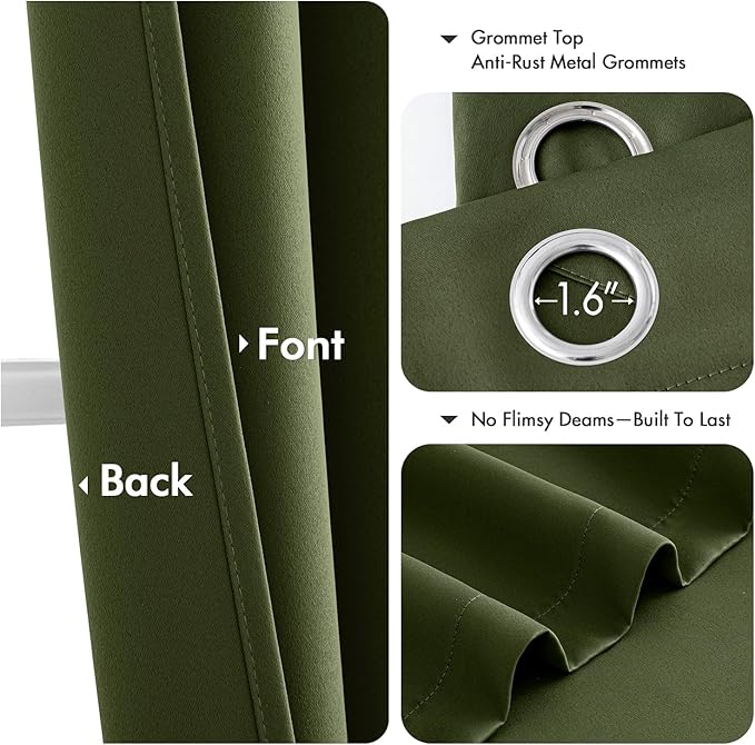 MIULEE Olive Green Blackout Curtains for Bedroom Living Room 63 Inches Long 2 Panels, Thermal Insulated Room Darkening Drapes Grommet Noise Reducing Light Blocking Window Treatments 50x63 Inch