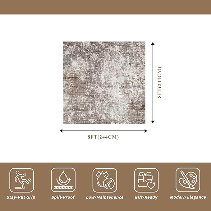 8x8 Square Living Room Area Rug – Washable Modern Neutral Abstract Indoor Rug for Bedroom, Dining Room, Kitchen – Non-Slip Soft Low-Pile Floor Carpet (Brown Beige,8x8)