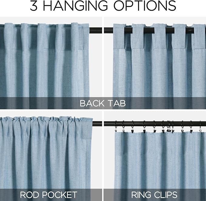 2 Panels Set Dusty Blue Linen Curtains 105 Inches Long for Living Room Extra Long Back Tab Curtains Neutral Farmhouse Light Filtering Semi Sheer Linen Drapes Ceiling to Floor for Large Window