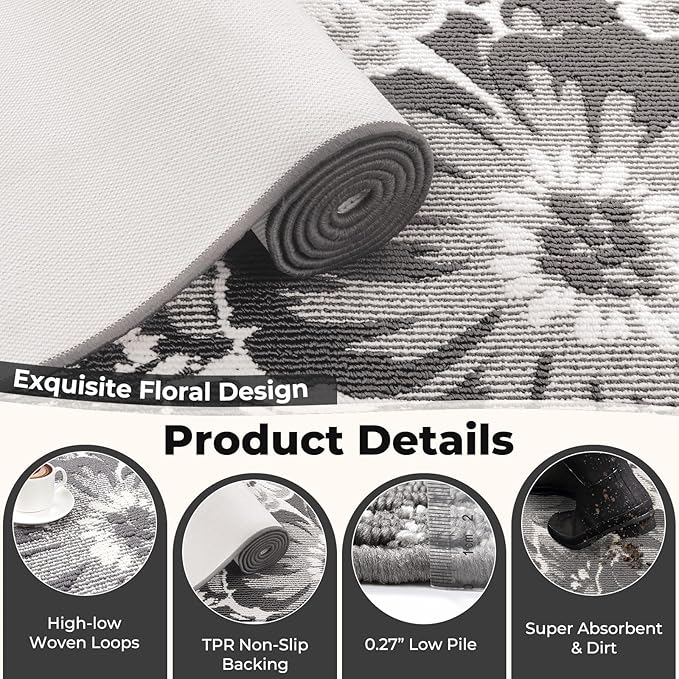 Findosom Hallway Runner Rug 2x8, Non Slip High-Low Textured Floral Washable Runner Rug with Rubber Backing, Boho Carpet Runner for Kitchen, Entryway, Bedroom, Laundry, Gray