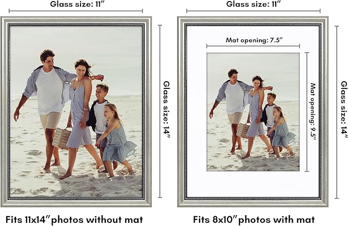 Americanflat Vintage Frames - 11x14 Picture Frame with Beaded Accents and Shatter-Resistant Glass - Use as 8x10 Frame or Display 11x14 Photos Without Mat - Heirloom Collection - Wall Display - Silver