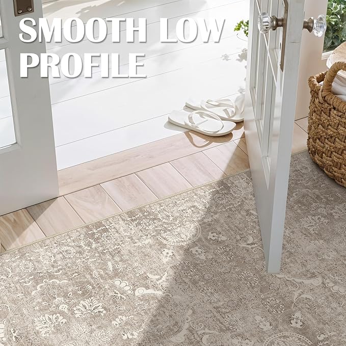 Washable 3x8 Runner Rug - Non-Slip Vintage Runner Rug for Entryway Low-Pile Medallion Long Rugs for Hallway Waterproof Traditional Runner Rug Indoor Thin Rug for Kitchen (Distressed Beige & Ivory)