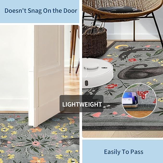 GarveeHome Round Area Rugs 5ft for Bedroom, Cat Grey Washable Circle Rug Soft Non Slip Mushroom Floral Floor Mat Carpet Indoor Thin Rug for Bedroom Dining Room Playroom Nursery Gothic Decor