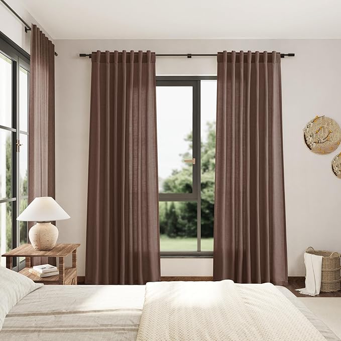Nanspring Mocha Mousse Curtains 108 Inches Long 2 Panels Set Back Tab Loop Pocket Linen Blend Light Filtering Semi Sheer Boho Large Window Decor for High Ceiling Living Room 52x108