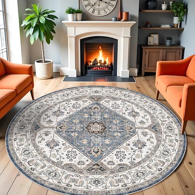 Living Room 6round Area Rugs - Boho Rugs for Living Room Stain Resistant Carpet for Bedroom Kitchen Bathroom with Non Slip Backing Home Decor Floor Decoration Mat 6ft Navy