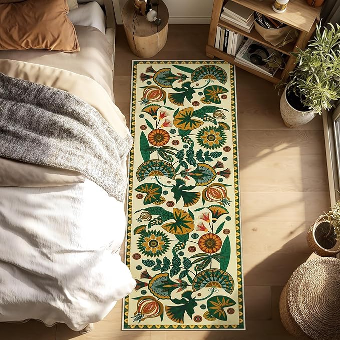 Joydeco Egypt Floral Boho Rug Runners for Hallways Entryway Non Slip, 2x6 Bathroom Kitchen Runner Rugs Non Skid Washable, Vintage Beige Carpet for Entrance Laundry Room Bed Beside