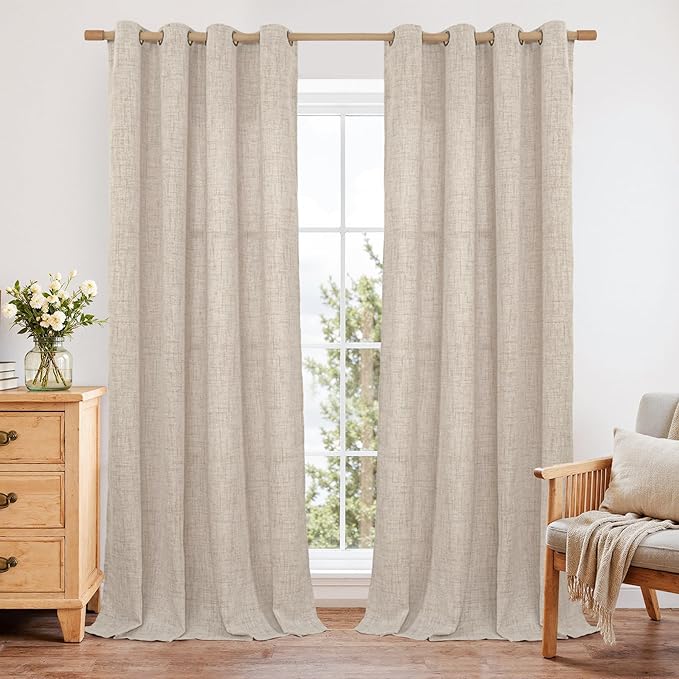 YoungsTex 95 Inches Long Curtains for Living Room 2 Panels - Linen Semi Sheer Drapes Floor Length with Bronze Grommet Netural Light Filtering for Sliding Door Bedroom, 52 X 95 Inch