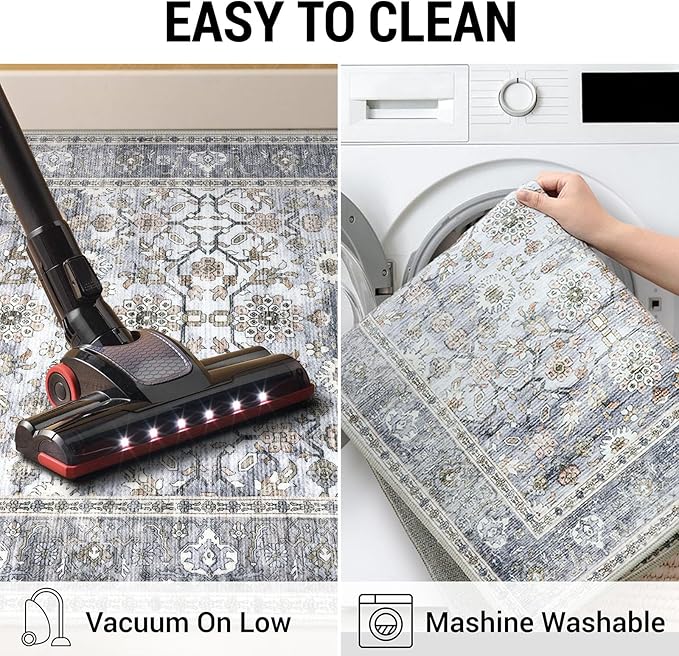 KUTA Vintage 2x3 Entryway Rug, Washable Kitchen Rugs & Ultra Thin Soft Throw Rug, Non-Slip Floral Distressed Print Grey Blue, Perfect for Front Door, Bedside, or Small Spaces