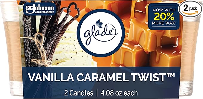 Glade 1-Wick Scented Candle Jar, Vanilla Caramel Twist, Air Freshener Infused with Essential Oils, 4.08 Oz, 2 Count
