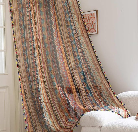 Red Geometric Sheer Curtains 72 inch Long, Fringed Edges and Textured Semi Sheer Curtains Large Window Treatments for Living Room/Bedroom, 2 Panels