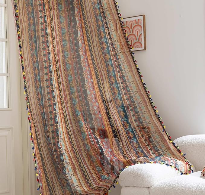 Red Geometric Sheer Curtains 84 inch Long, Fringed Edges and Textured Semi Sheer Curtains Large Window Treatments for Living Room/Bedroom, 2 Panels