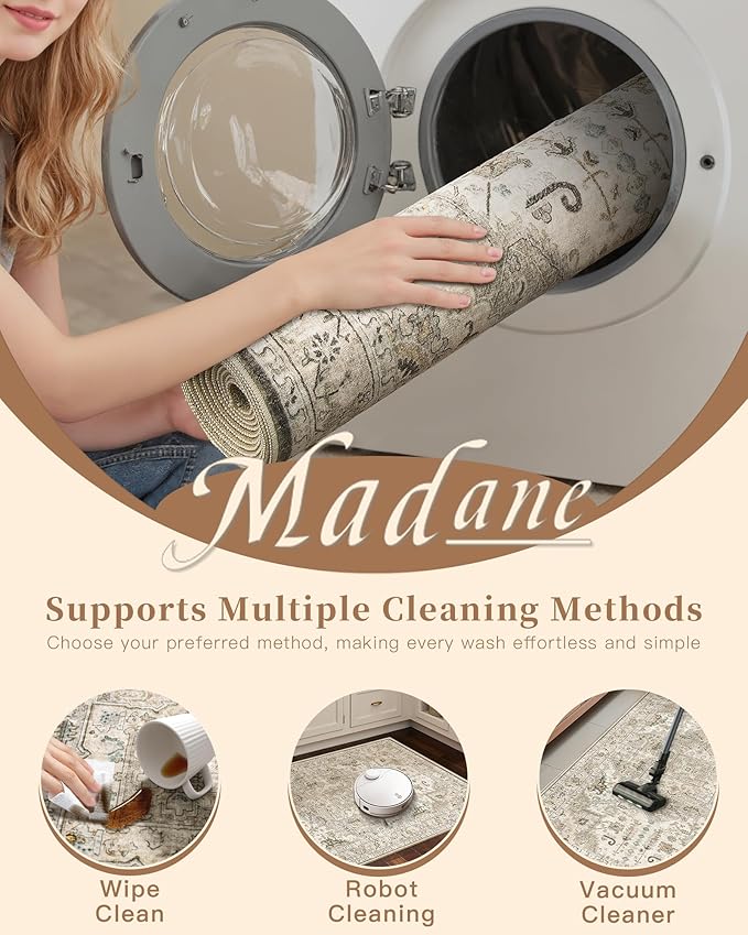 Madane Washable Runner Rug 2x7, Hallway Laundry Room Kitchen, Non Slip Rug Runners with Rubber Backing, Non Skid Stain-Resistant Non Shedding Durable Vintage Runners (2'x7', Ivory/Brown)